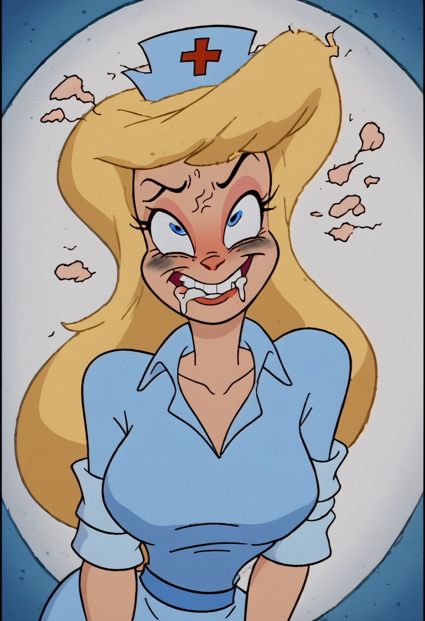 score_9, score_8_up, score_7_up, rating_questionable, zPDXL, 2d source_cartoon, (adult:1.2), facing the viewer, , horny, solo 1girl
<lora:Hello_Nurse_XL_Animaniacs:1> Heloise Nerz, 1girl, dirty messed burnt blonde  hair, blue eyes, totally burnt hair, sexy, horny, flowing saliva, scared, in love, extremely dirty dress, hardly beaten fifty times, confused, deeply humiliated face, depressed face, black eyes, circles under eyes, beaten by ninty boxers, broken heart, extremely broken heart, under arrest, broken arms, toothless face, no tooth, deeply depressed, smashed teeth, toothless, crazy emotion, extremely violently beaten face, ten times more extremely violently beaten face, twenty times more extremely violently beaten,big deep shiners on both eyes, extremely big shiners on both eyes, eyes in different directions, eyes  in extremely different directions,  narrow waist
<lora:Expressive_H:1>
<lora:r3nst1mpyXLP:1> r3nst1mpy,aaa