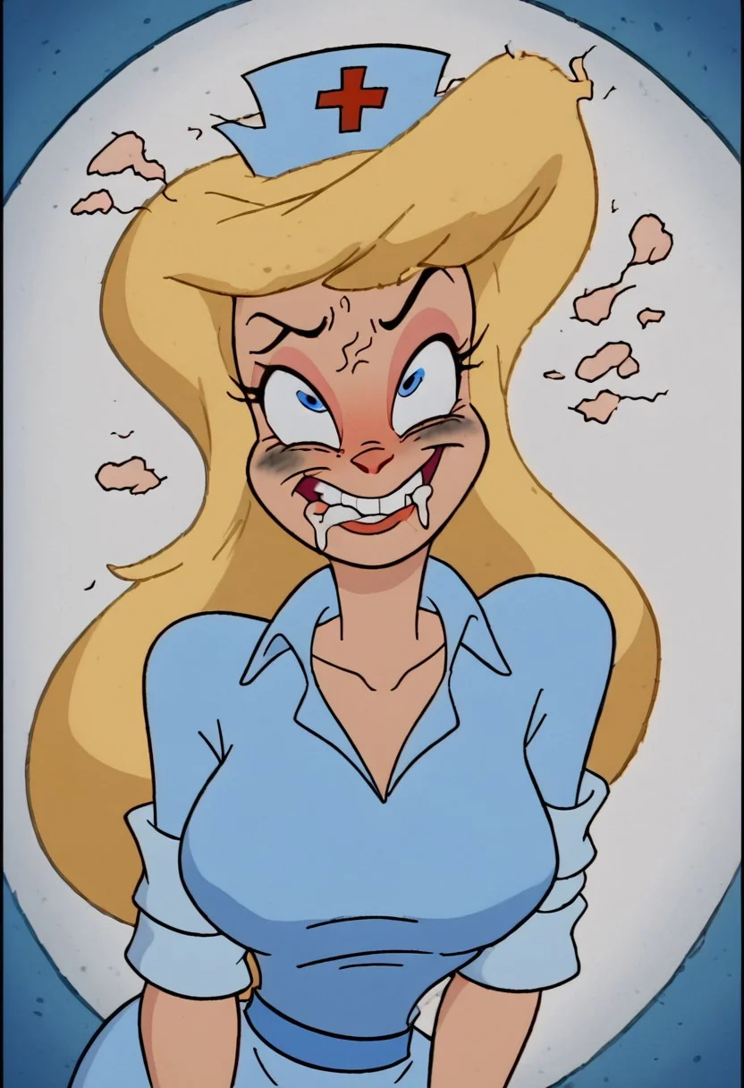 score_9, score_8_up, score_7_up, rating_questionable, zPDXL, 2d source_cartoon, (adult:1.2), facing the viewer, , horny, solo 1girl
<lora:Hello_Nurse_XL_Animaniacs:1> Heloise Nerz, 1girl, dirty messed burnt blonde hair, blue eyes, totally burnt hair, sexy, horny, flowing saliva, scared, in love, extremely dirty dress, hardly beaten fifty times, confused, deeply humiliated face, depressed face, black eyes, circles under eyes, beaten by ninty boxers, broken heart, extremely broken heart, under arrest, broken arms, toothless face, no tooth, deeply depressed, smashed teeth, toothless, crazy emotion, extremely violently beaten face, ten times more extremely violently beaten face, twenty times more extremely violently beaten,big deep shiners on both eyes, extremely big shiners on both eyes, eyes in different directions, eyes in extremely different directions, narrow waist
<lora:Expressive_H:1>
<lora:r3nst1mpyXLP:1> r3nst1mpy,aaa