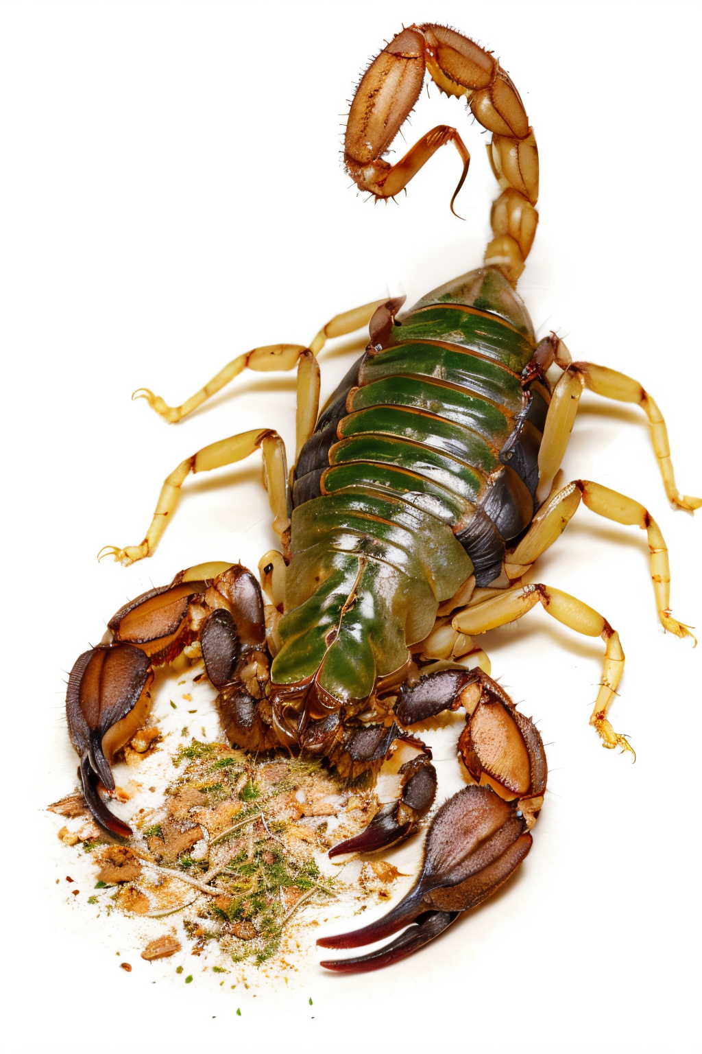 (Realistic:1.5) EdobScorpion, dated, watercolor (medium), grass, military, scarf, food, gauntlets, day, barefoot, white background, <lora:EdobScorpionPhotoReal_v1.0:0.8>