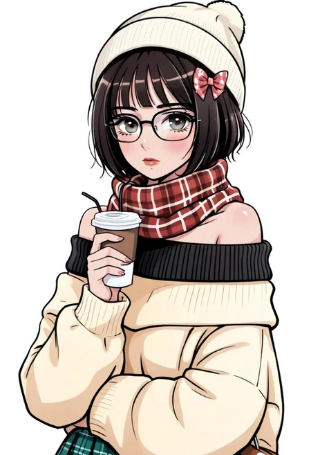 Tomie Kawakami, skirt, beanie, bang, short hair, plaid scarf, holding cup, parted lips, looking at viewer, bow, off shoulder, plaid, flower, holding eyewear