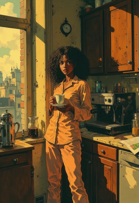High-resolution anime-style illustration with painterly textures, cinematic morning lighting, and a cozy, atmospheric mood. A Black woman, afro airdo, leans against the kitchen counter in satin pajamas, her curly, soft chestnut-brown hair loosely tied back, a few strands falling over her tired yet serene face. She holds a freshly brewed cup of coffee in both hands. The soft golden light of the early morning sun filters through the large window, casting long shadows over the wooden floor and reflecting off the sleek espresso machine still hissing on the counter. Outside, the Paris city skyline stretches in the distance, blurred by the condensation on the glass. The kitchen is minimalistic yet inviting, with a few scattered coffee beans, a sugar jar, and a half-read newspaper beside her. The painterly textures blend warm sunlight with cool morning hues, creating a peaceful and intimate start to the day <lora:illustration:0.5> <lora:Vibrantly_Dark_style_v.1:0.7000000000000001> <lora:Vintage_comic_book:0.8>