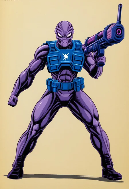 a futuristic warrior fighting with an alien in a space craft, the warrior has a plasma gun shooting plasma beams, the alien is purple grey in color in a humanoid form, a classic styles from comics from the 90s in a artist western style, marvel art style.