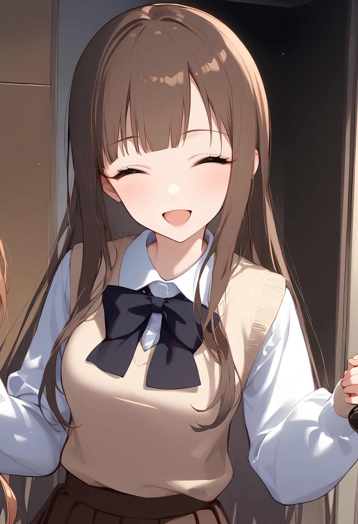 1girl,
mizumoto yukari,


facing viewer, black bow, long sleeves, closed eyes, puffy sleeves, shirt, blush, collared shirt, school uniform, ^_^, :d, brown sweater, indoors, puffy long sleeves, dress shirt, bow, sweater, holding, open mouth, white shirt, skirt, sleeves past wrists, solo focus, brown hair, pleated skirt, long hair, head tilt, brown skirt, blunt bangs, smile, very long hair, standing,

sfw
<lora:a31_char_new_mizumoto_yukari-000022:1> <lora:a31_style_koni-000010:0.8>