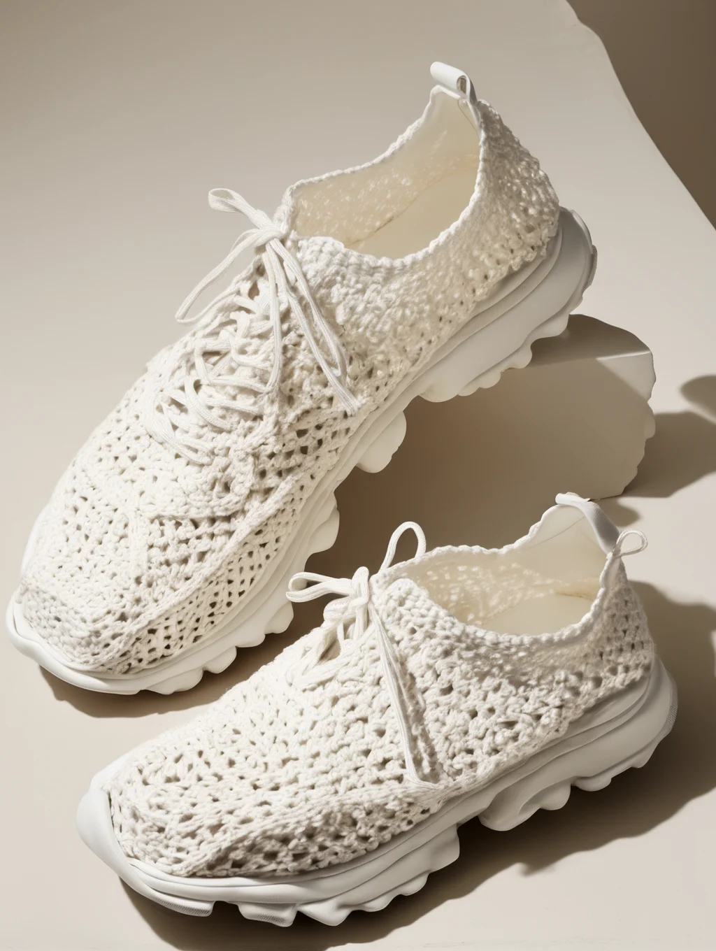 <lora:CROCHETED:1>CROCHETED - style luxe white crochet balenciaga ugly sneakers minimalism Mediterranean nature