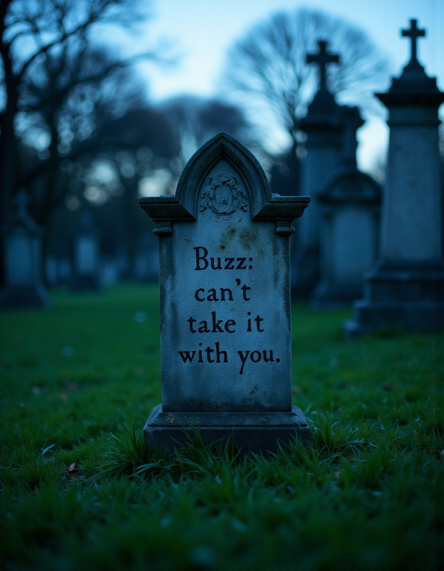 <lora:Exogenous:1> enigmatic composition. A gravestone stands in a green lawn cemetery. On it, the inscription says "Buzz: You can't take it with you". Out of focus gravestones and crosses can be seen in the background. the light is bluish and cold, as if on a cold autumn dusk. Meticulous textures throughout, shallow depth of field, highly detailed.