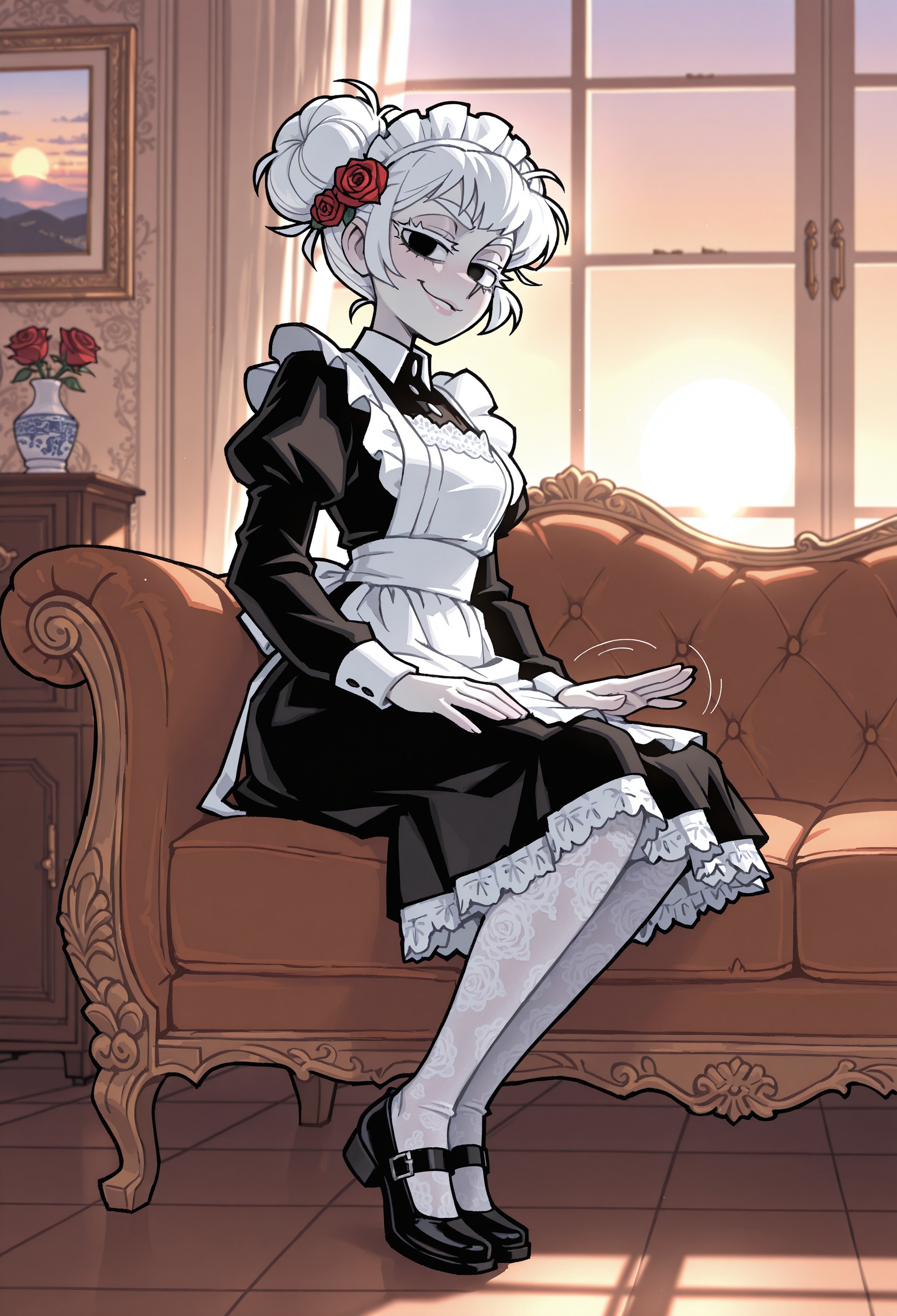 masterpiece, best quality, very aesthetic, highly detailed, absurdres, 1girl, solo, maid, maid apron, black dress, short skirt, long sleeves, black mary jane shoes, white lace pantyhose and maid headdress, white embroidery, pale skin, rose hair ornament, white hair, white eyelashes, white eyebrows, black eyes, glossy lips, short hair, messy bun, double bun, slender body, full body, cute, sitting on sofa, 
lap pillow invitation, patting lap, smirk, looking at viewer, looking aside, from side, indoors, rich chateau, porcelain collection, fancy paintings, dawn, morning, sunrise, ambient light, soft light, vanripper