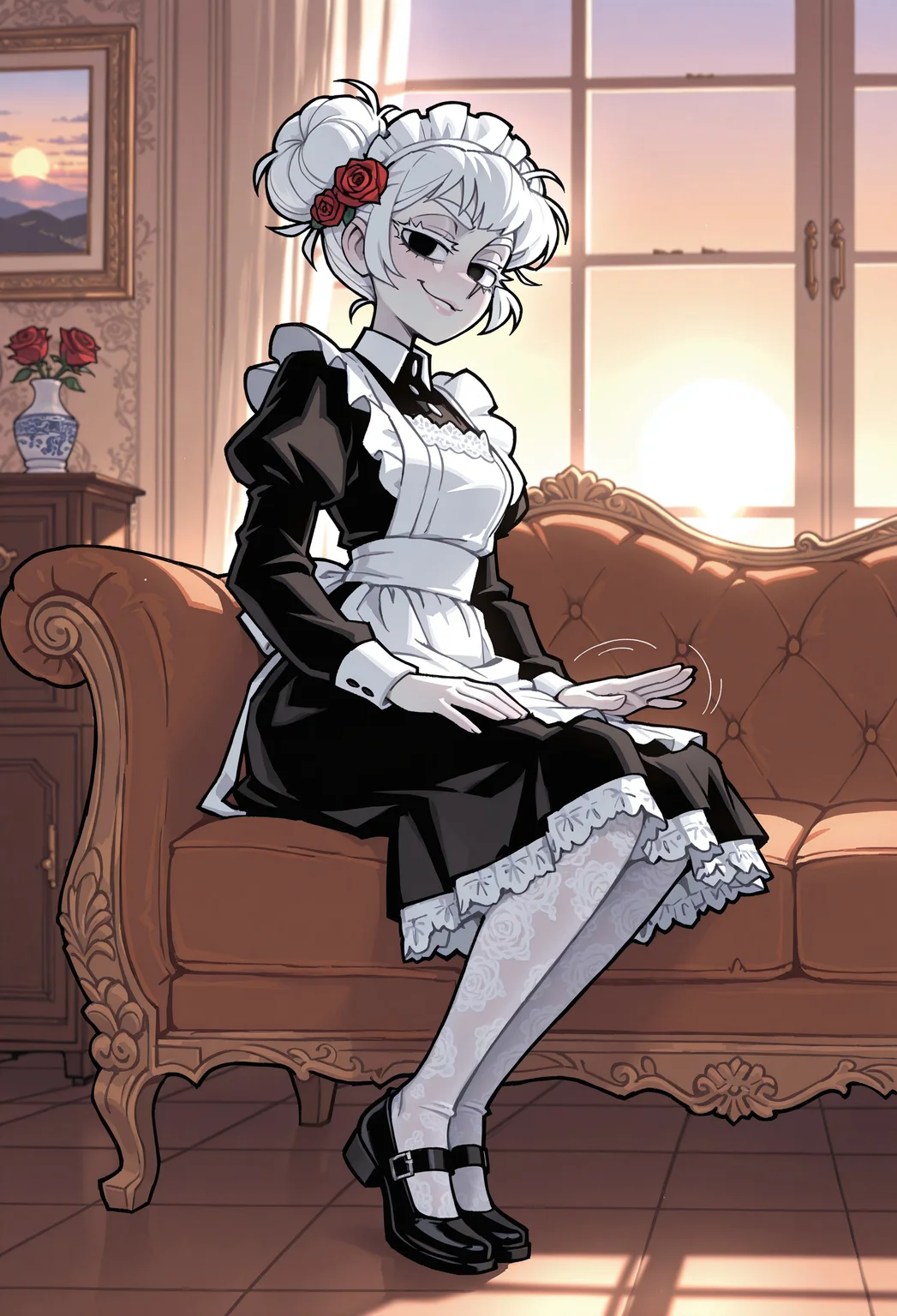 masterpiece, best quality, very aesthetic, highly detailed, absurdres, 1girl, solo, maid, maid apron, black dress, short skirt, long sleeves, black mary jane shoes, white lace pantyhose and maid headdress, white embroidery, pale skin, rose hair ornament, white hair, white eyelashes, white eyebrows, black eyes, glossy lips, short hair, messy bun, double bun, slender body, full body, cute, sitting on sofa,
lap pillow invitation, patting lap, smirk, looking at viewer, looking aside, from side, indoors, rich chateau, porcelain collection, fancy paintings, dawn, morning, sunrise, ambient light, soft light, vanripper