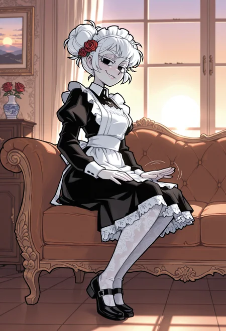 masterpiece, best quality, very aesthetic, highly detailed, absurdres, 1girl, solo, maid, maid apron, black dress, short skirt, long sleeves, black mary jane shoes, white lace pantyhose and maid headdress, white embroidery, pale skin, rose hair ornament, white hair, white eyelashes, white eyebrows, black eyes, glossy lips, short hair, messy bun, double bun, slender body, full body, cute, sitting on sofa, 
lap pillow invitation, patting lap, smirk, looking at viewer, looking aside, from side, indoors, rich chateau, porcelain collection, fancy paintings, dawn, morning, sunrise, ambient light, soft light, vanripper