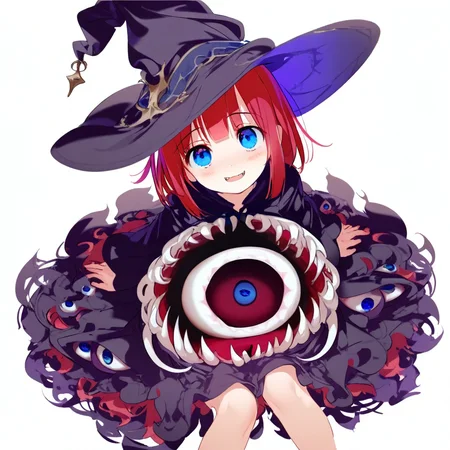 great quality,almic,(akakura,ogipote,egami:0.8)1girl, hat, witch hat, red hair, solo, dress, blue eyes, blush, looking at viewer, smile, sitting, black headwear, black dress, simple background, witch, long sleeves,  extra mouth and eye on stomach, many fangs on stomach