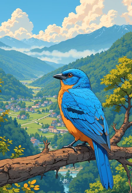 A blue bird sitting on a branch, looks down on a beautiful village, morning, people busy doing daily chores