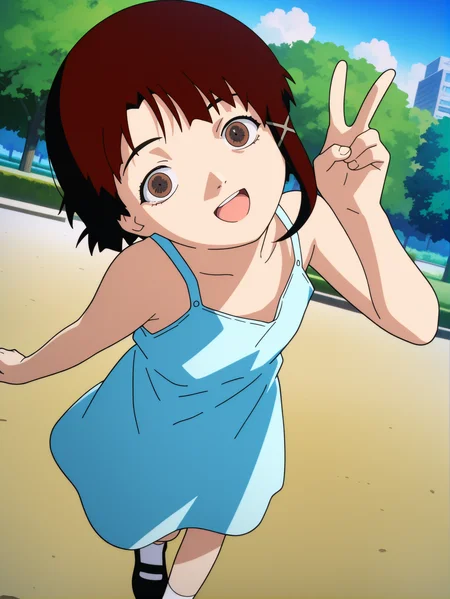 masterpiece, best quality, amazing quality, absurdres, newest, dynamic_angle, defined facial features, anime coloring, anime screencap,
<lora:Lain_IL1.1v0:1.5> iwakura lain \(sel\), peace sign, light blue dress, bare shoulders, outdoors, head tilt, park, white socks, black footwear, happy,