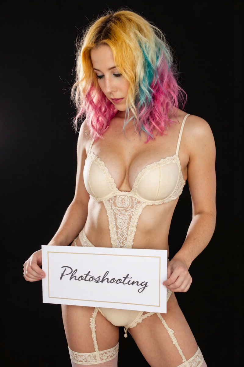 photoshooting of a woman with rainbow hair in revealing clothing, holding a sign with text:"Photoshooting"