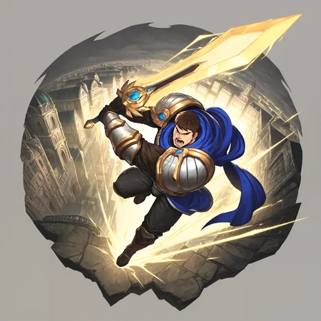 score_9,score_8_up,score_7_up,best quality,ultra-detailed,high resolution,digital painting,8k,1boy,solo,full body,male focus,dynamic pose,foreshortening,perspective,bara,detailed face,from above,armor,brown hair,shoulder armor,pauldrons,gloves,short hair,pants,blue cape,holding sword,boots,yellow energy,open mouth,City Wall,bulge,2d,flat,outline,game cg,grey background,transparent background,gachagamebackground,<lora:add-detail-xl:1>,<lora:gachabackground:0>,<lora:Garen LOL:0.7>,garen lol,<lora:LYDart StyleIlluLYCO:0.7>,ydart,