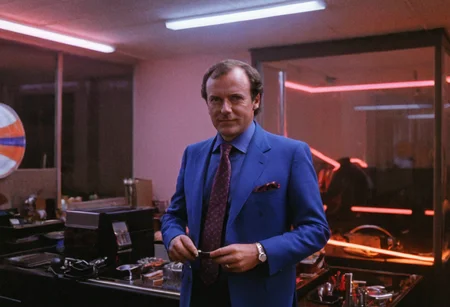 (80sPortrait), indoors, office, Merlin magician, neon lights