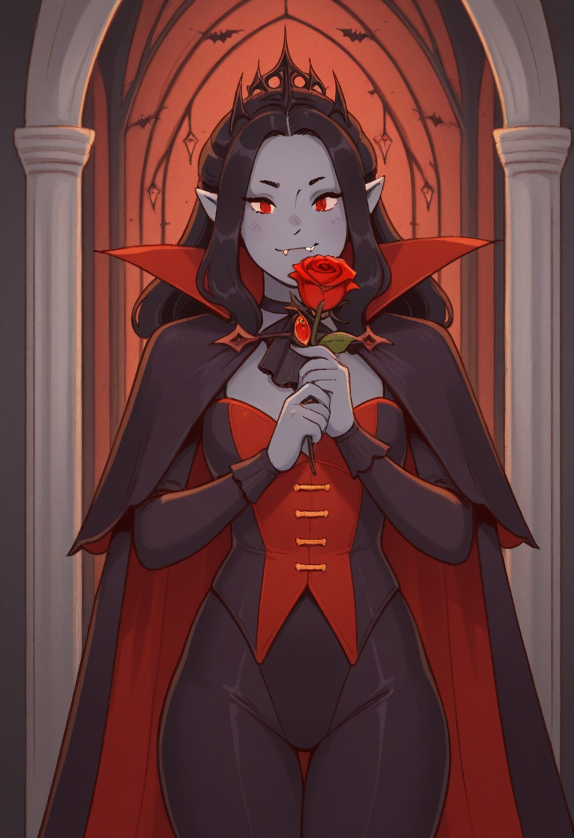 WhimsiFantasystyle,  masterpiece, best quality, solo,   female, vampire, black hair, fang, vampire clothing, grey skin, translyvania interior, holding rose,