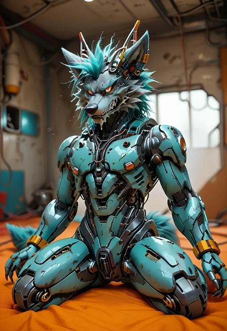 (((Barefoot furry character, full body, cinematic setting, furry male, plantigrade))) 
(((Gilliam))), wolf boy, white pajama, ((wired, hijacked, hacked, corrupted, reprogrammed, brainwashed, mindwiped, )), sitting, spread legs, m pose, nice metalic feet paws,((nice robotic feet paws)),  three toes, claws, pawpad, determined look, (((restrained))), tilted head, drooling
BREAK
(((gilliam wolf, evil eye, sharp, red fluff tail, cyan hair, robot, cybernetic wolf, metallic))),
BREAK, intricate details, highly detailed, extreme detail, octane render, fine art, best quality, highres, (detailed face:1.5), ((full_body)), UHD, (((perfect hands))), low light