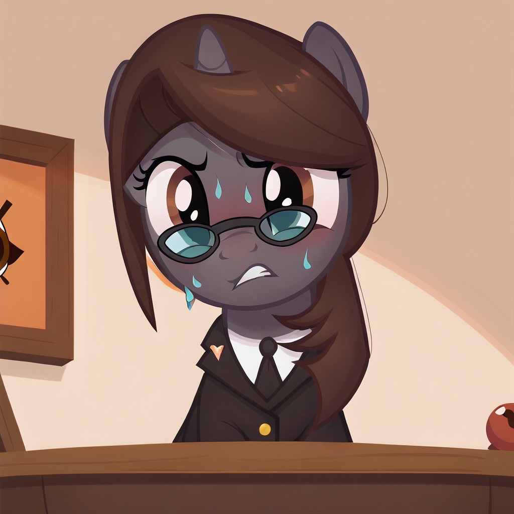 masterpiece, perfect detail, best high quality, source_pony, show accurate, cute, 1girl, solo, female, oc:sonata, glasses, attorney suit, badge on collar, pony, courtroom, defense stand, standing, standing behind desk, front hooves on desk, standing against desk, frown, scenic painting in background, nervous, sad, sweating, gritted teeth, beautiful, looking to side, score_9, score_8_up, score_7_up, score_6_up, score_5_up, score_4_up