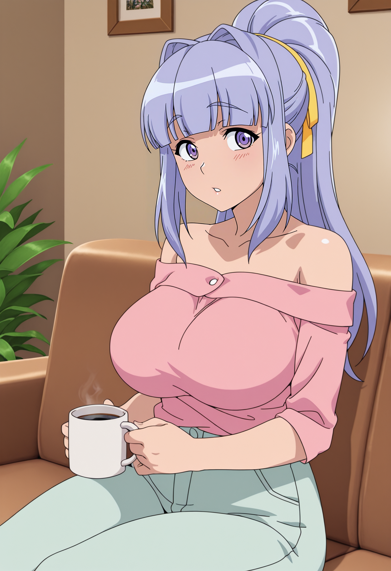 1girl,solo,mm,mature female,long hair,ponytail,bangs,purple hair,purple eyes,large breasts,hair ribbon,anime coloring,
pink shirt,pants,off shoulder,bare shoulders,sitting,on couch,holding cup, coffee mug, looking at viewer, parted lips, living room, 
,masterpiece,best quality,amazing quality,<lora:Yayoi_Mizuno-Gogo_no_Kouchou_Junai_Mellow_yori_IL:0.8>