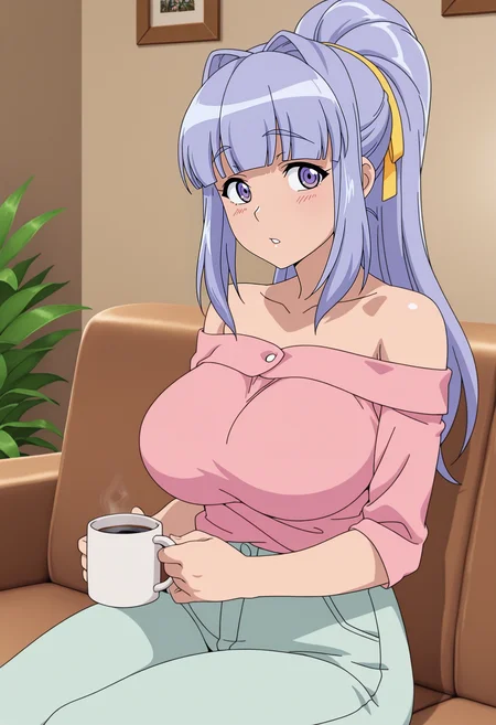 1girl,solo,mm,mature female,long hair,ponytail,bangs,purple hair,purple eyes,large breasts,hair ribbon,anime coloring,
pink shirt,pants,off shoulder,bare shoulders,sitting,on couch,holding cup, coffee mug, looking at viewer, parted lips, living room,
,masterpiece,best quality,amazing quality,<lora:Yayoi_Mizuno-Gogo_no_Kouchou_Junai_Mellow_yori_IL:0.8>