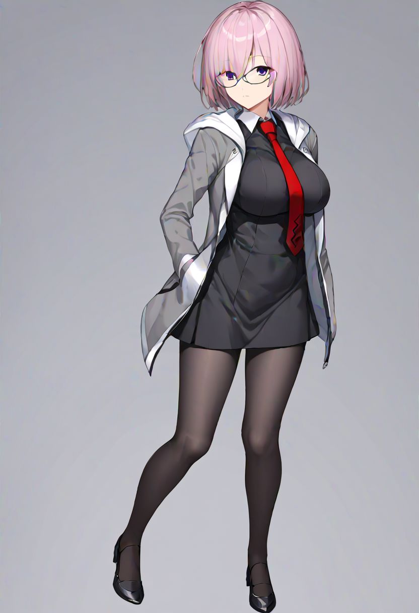Mash_Def, glasses, short dress, black dress, black skirt, necktie, red necktie, wing collar, jacket, open jacket, hooded jacket, grey jacket, hood down, black pantyhose, 
masterpiece, best quality, very aesthetic, absurdres, 1milf, 1adult, solo, full_body, tachi-e,