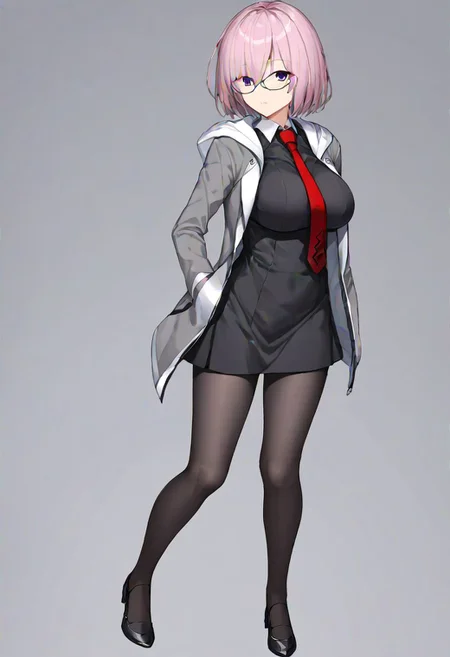Mash_Def, glasses, short dress, black dress, black skirt, necktie, red necktie, wing collar, jacket, open jacket, hooded jacket, grey jacket, hood down, black pantyhose,
masterpiece, best quality, very aesthetic, absurdres, 1milf, 1adult, solo, full_body, tachi-e,