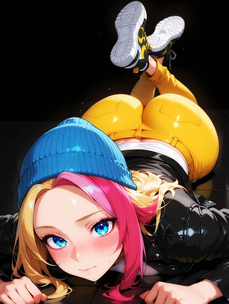 masterpiece, best quality, amazing quality, very aesthetic, detailed eyes, perfect eyes, amazing quality, solo, imtdzoeillus, 1girl, blonde hair, multicolored hair, two-tone hair, blue eyes, pink hair, leather jacket, beanie, blue headwear, hat, shirt, black jacket, pants, yellow pants, white shirt, light freckles, medium breast, ass, lying on the floor, on stomach, looking at viewer, closed mouth, blush, flirtatious look, black floor, black background, feet up, shoes, sneakers, depth of field
