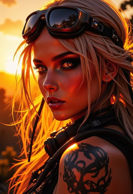 closeup side portrait of a Female jungle explorer, expressive pink lips, dark eyeshadow, shaggy blonde hair, sunset, silhouetted, chiascuro, on alien dusty planet