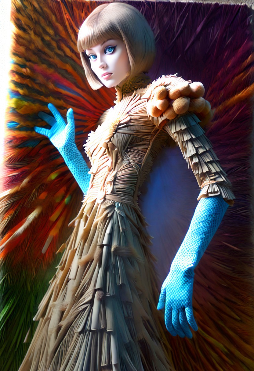 Straw thread, straw, Score_9, score_8_up, score_7_up, (masterpiece),(1character), semi side view, (beautiful:1.4), straw dress, psychedelic swirls, vibrant hues, bold patterns, power fashion, swinging sixties, Retro Vogue Cover, kaleidoscopic dreams. highly intricate, 60s, hyper detailed, photorealistic, (black elbow gloves), dim128/128test.