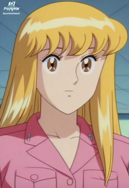 masterpiece, best quality, , anime screencap, anime coloring, official style,uncensored,1girl, solo, (kochikame, akimoto reiko, huge breasts, blonde hair, pink suit),