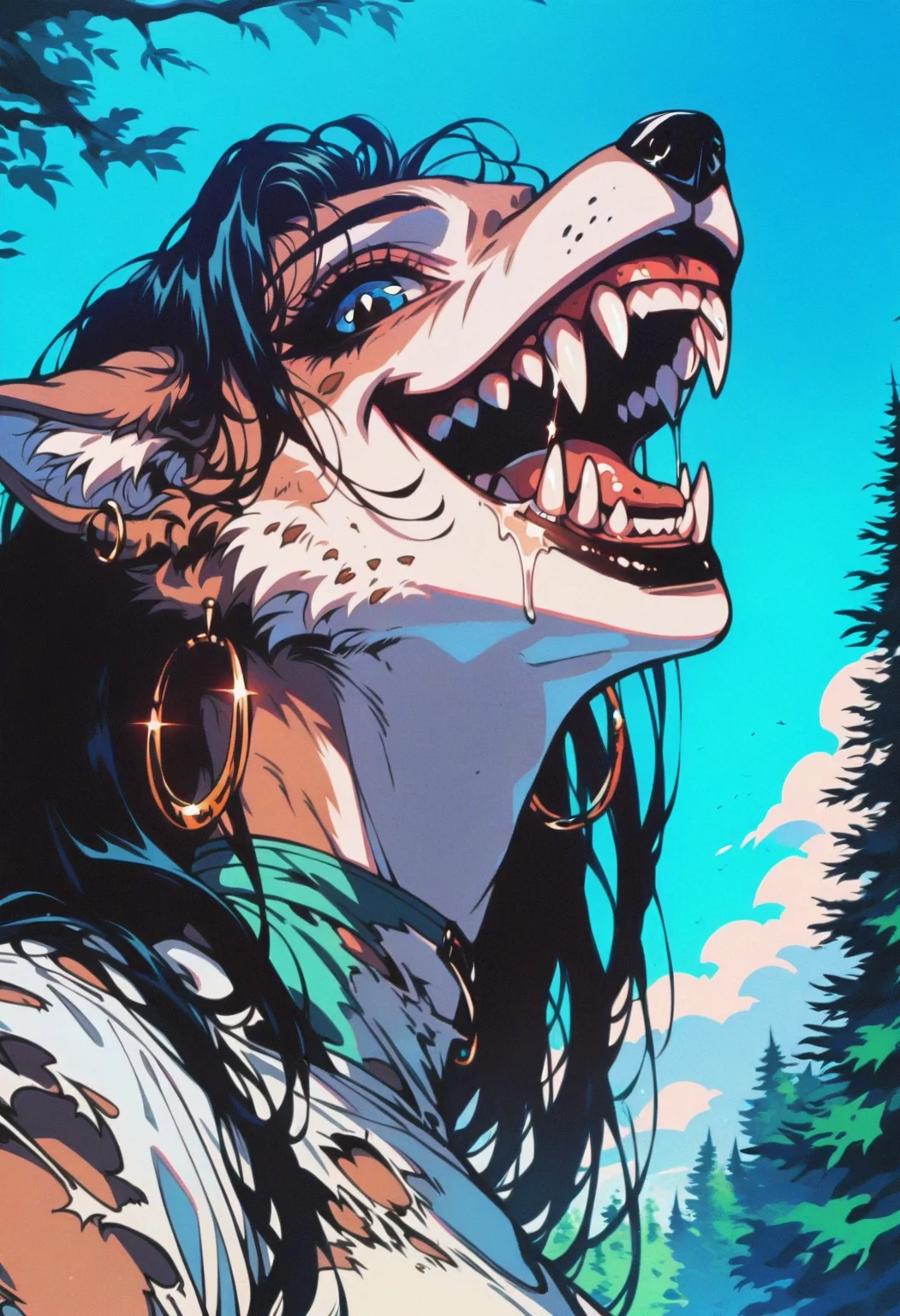 score_9, score_8_up, score_7_up, score_6_up, score_5_up, score_4_up,
<lora:GothicPunkV7:1>, g0th1cpnk,
1girl, long hair, looking at viewer, smile, open mouth, blue eyes, shirt, black hair, holding, jewelry, white shirt, upper body, short sleeves, :d, outdoors, earrings, teeth, sky, tongue, day, blue sky, tree, torn clothes, saliva, animal, fangs, sharp teeth, furry, nature, forest, dog, hoop earrings, dirty, wolf, tent,