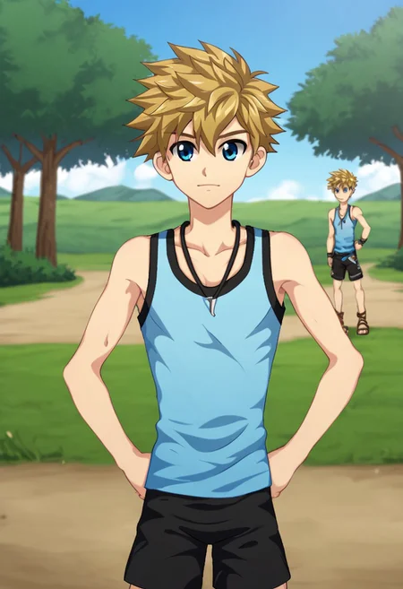 connor bleufin, blond hair, short hair, spiky hair, blue eyes, 1boy, solo, solo focus, medium build body, wear blue tank top, wear black shorts, outdoor, sunny day, clear sky, standing