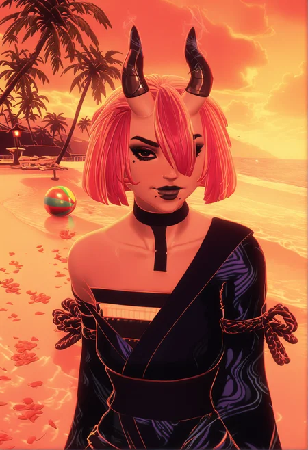 GLSHS,delicate colors,partially illuminated, (masterpiece, absurdres, very awa:1.4), golden hour, orange theme, sunset, beach, rocks, beach ball, sand, palm tree, smug, looking at viewer, female focus, (portrait:1.3), fortnitevoidburnnightrosedefault, 1girl, short hair, bob cut, bangs, blunt bangs, red hair, multicolored hair, two-tone hair, hair over one eye, hair between eyes, black eyes, black sclera, black lips, makeup, lipstick, closed mouth, mole, moles, mole under mouth, moles under mouth, collarbone, bare shoulders, off shoulder, choker, black choker, horns, oni horns, demon horns, animal ears, gloves, black gloves, kimono, black kimono, japanese clothes, sash, obi, wide sleeves, long sleeves, dress, black dress, pants, black pants, boots, black footwear, cross-laced footwear, high heels, breasts, water, wet skin, towel draped around body, cleavage, steam, gentle ripples in water, warm lantern glow, flower petals floating on water, <lora:GLSHS-IL:1.3>, <lora:Fortnite_The_Night_Rose_All_Outfits_ILXL:1.1>, <lora:dmd2_sdxl_4step_lora:1>