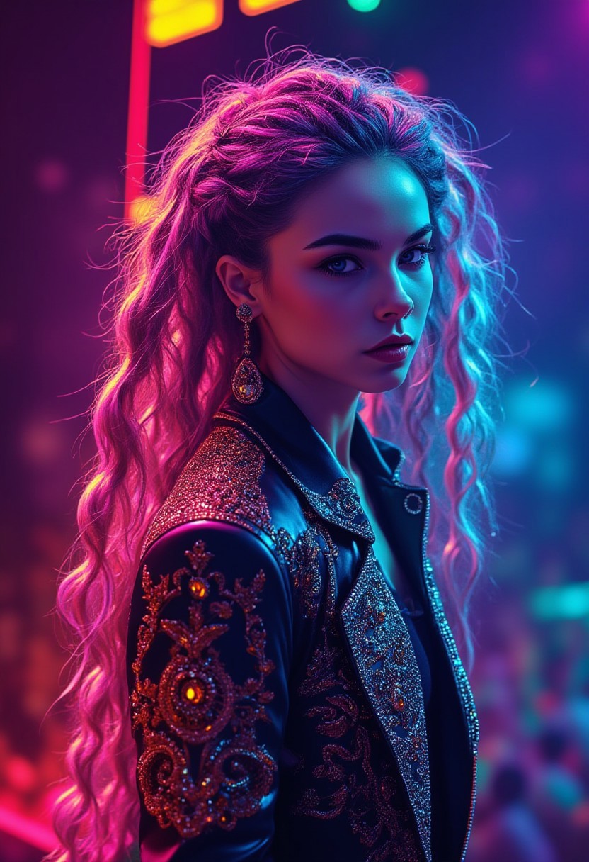 Cinematic, High Quality, Beauty, Realism, Light and Shadow, Photorealism, Film Still, A dynamically animated anime rapper exudes energy and charisma with every move: bright neon hair in intricate braids, glittering jewelry on an ornate jacket, and eyes that seem to glow with determination. This mesmerizing portrait captures the essence of a live performance, complete with a dynamic stage backdrop and a sea of ​​cheering fans. Impeccable attention to detail and vibrant colors make this digital illustration a stunning masterpiece that truly brings the character to life.
art by Tanya Shatseva, Gabriele Dell'otto, Andrew Atroshenko, Ross Tran, Anna Razumovskaya