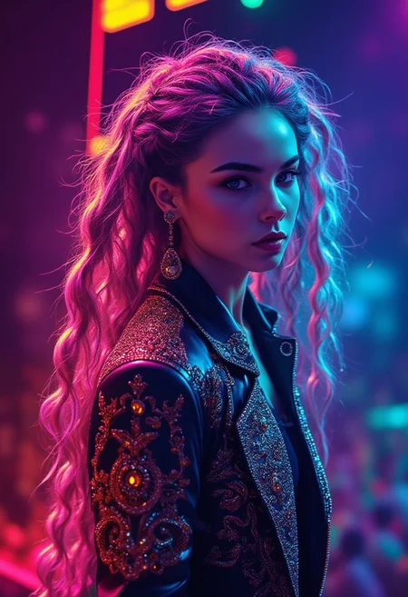 Cinematic, High Quality, Beauty, Realism, Light and Shadow, Photorealism, Film Still, A dynamically animated anime rapper exudes energy and charisma with every move: bright neon hair in intricate braids, glittering jewelry on an ornate jacket, and eyes that seem to glow with determination. This mesmerizing portrait captures the essence of a live performance, complete with a dynamic stage backdrop and a sea of ​​cheering fans. Impeccable attention to detail and vibrant colors make this digital illustration a stunning masterpiece that truly brings the character to life.
art by Tanya Shatseva, Gabriele Dell'otto, Andrew Atroshenko, Ross Tran, Anna Razumovskaya