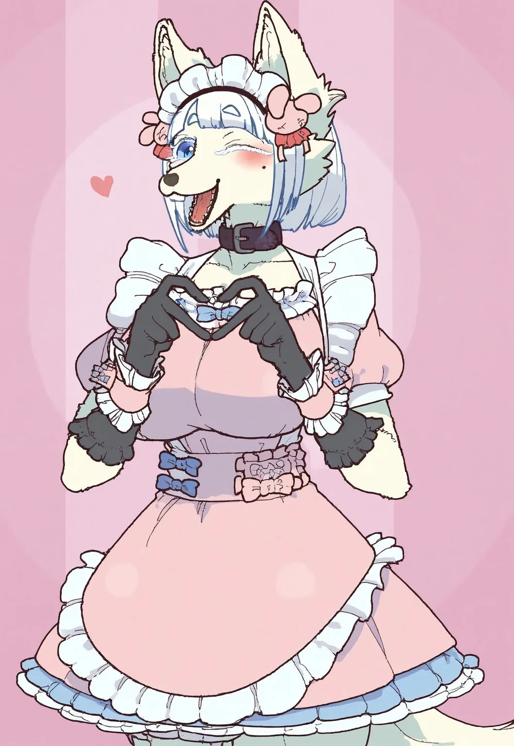 safe_pos, safe_pos, score_9, score_8_up, score_8. score_9, score_8_up, score_7_up, score_6_up, masterpiece, 4k, high quality, (best quality:1.1), ExpressiveH,
BREAK
1girl, dress, breasts, wrist cuffs, collarbone, happy, puffy sleeves, mole under eye, blue eyes, wink, one eye closed, looking at viewer, facing viewer, front view, smile, fox ears, open mouth, frills, body fur, furry female, animal nose, pink dress, black glooves, hearts, heart fingers, narrow shoulders, ((heart hands)), tail, white hair, blue hair, blunt bangs, furry, animal ears, huge breasts, standing, hip tilt, (from chest up), bouncing breasts, pink background, portait, cute, blushing
