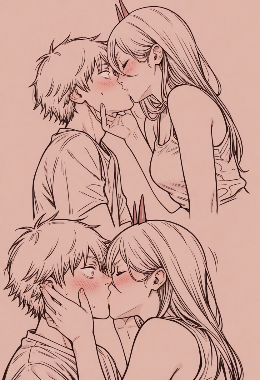 masterpiece, best quality, amazing quality, very aesthetic, 1girl(Power), 1boy(Denji), (Chainsaw Man), closed eyes, surprised, blush, bare shoulders, kiss, romantic, surprise kiss, hands on another's face