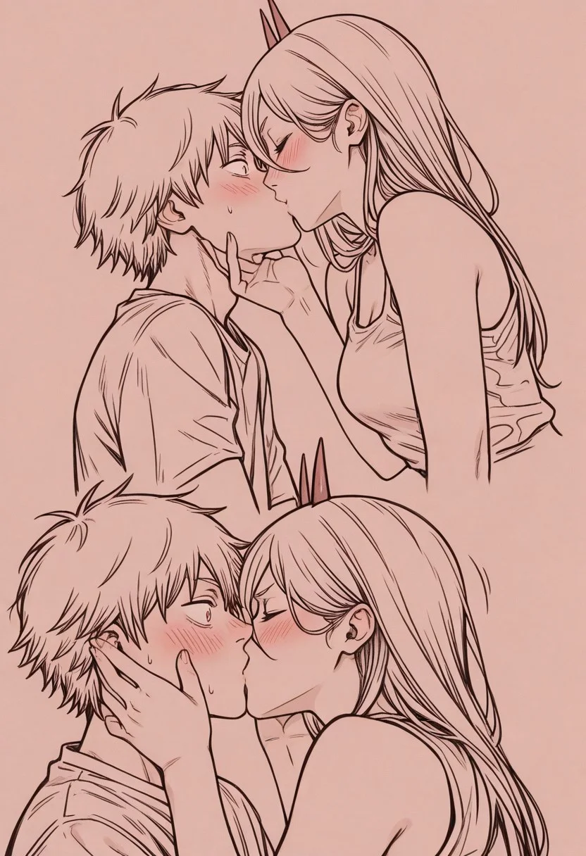 masterpiece, best quality, amazing quality, very aesthetic, 1girl(Power), 1boy(Denji), (Chainsaw Man), closed eyes, surprised, blush, bare shoulders, kiss, romantic, surprise kiss, hands on another's face