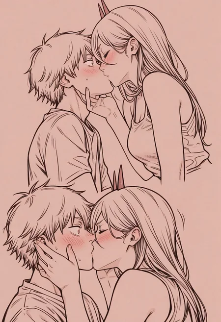 masterpiece, best quality, amazing quality, very aesthetic, 1girl(Power), 1boy(Denji), (Chainsaw Man), closed eyes, surprised, blush, bare shoulders, kiss, romantic, surprise kiss, hands on another's face