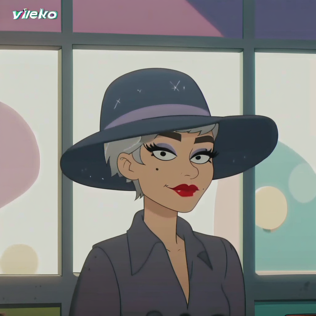 masterpiece, source_cartoon, score_6, score_7_up, score_8_up, score_9_up, screencap, <lora:The_Mysterious_Waylon>, 1girl, female, short hair, grey hair, hat, looking at viewer, makeup, lipstick, mole under eye, medium breast,