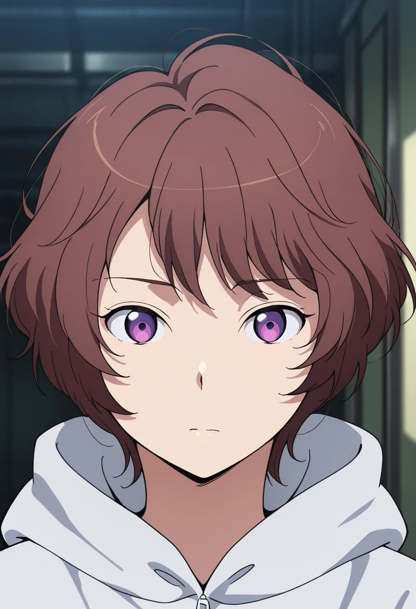 masterpiece, best quality, amazing quality, very aesthetic, absurdres, newest, illustration, perfect composition, intricate details, highres, anime coloring, 1girl, solo, (portrait:1.2), rayetww, purple eyes, brown hair, short hair, white hoodie, hood, hood down, long sleeves, looking at viewer, shiny body, shiny skin, skindentation, clear skin, shiny hair, ultra detailed eyes, depth of field, sharp, intricate details, hyperdetailed, ultra-detailed, detailed clothing folds, high contrast, dynamic light <lora:Rayet_Areash_Aldnoah_Zero_ill:1>