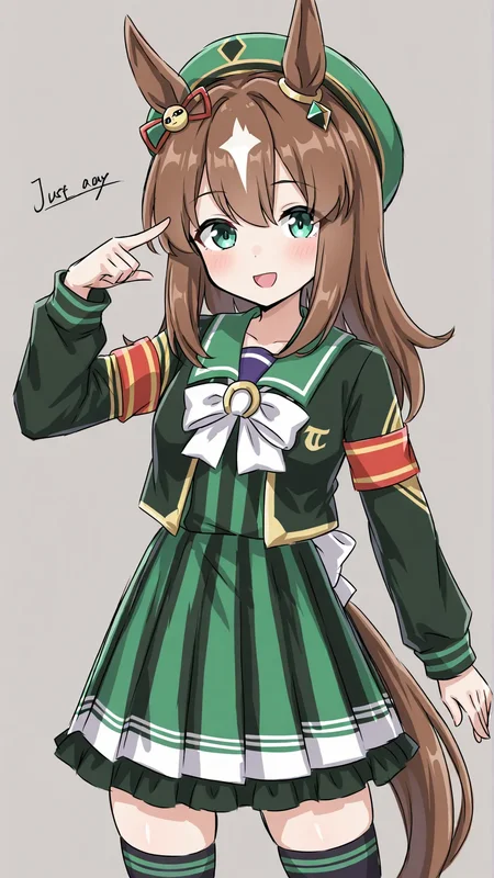 cowboy shot,tracen school uniform,looking at viewer,smile,pose,
just a way \(umamusume\),animal ears,black legwear,blue eyes,bow,brown hair,hair between eyes,horse ears,horse girl,horse tail,long hair,long sleeves,striped,tail,thighhighs,hat,white hair,multicolored hair,ear ornament,hair ornament,green eyes,striped ribbon,striped bow,striped clothes,green jacket,green shirt,green skirt,black jacket,black shirt,black skirt,striped jacket,striped shirt,striped skirt,red armsband,<lora:just_a_way_umamusume:0.8>,