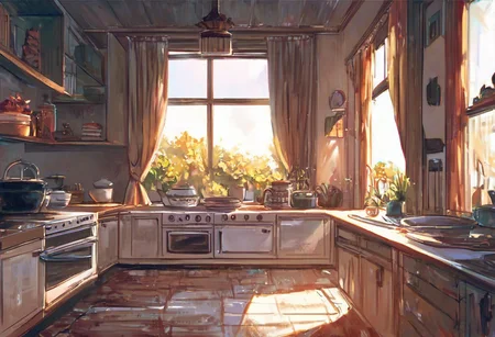 score_9, score_8_up, score_7_up, pmg style, kitchen, sunrise, stove, countertops, window, curtains