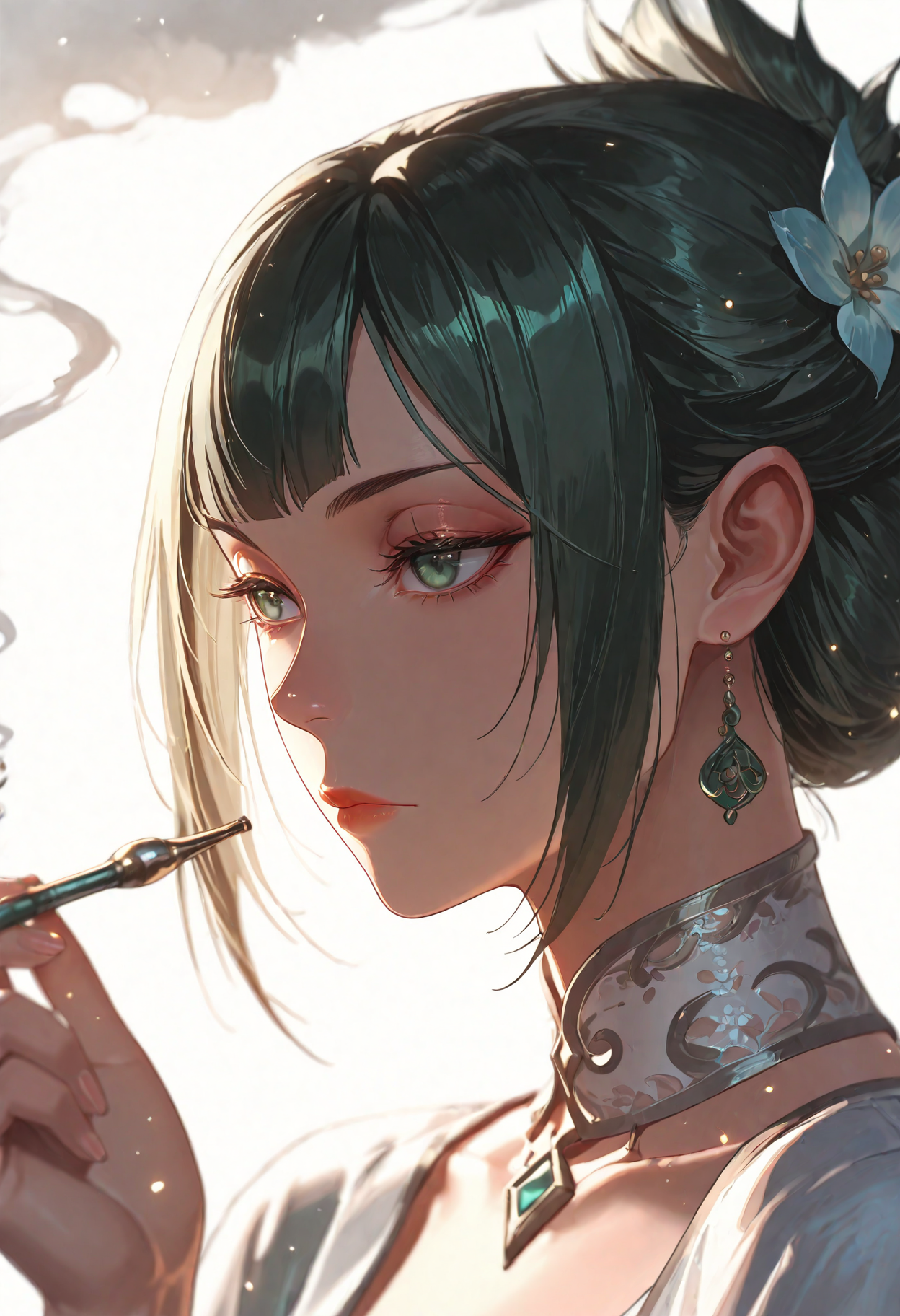 1girl, Shen xian'er, default hair, border,expressionless,flower,hand up,holding,holding smoking pipe, lace collar,portrait,smoke,smoking,smoking pipe,solo, white background,
(Smooth Quality - Illustrious:0.8), masterpiece,best quality,amazing quality, absurdres, (impressionism), ultra-HD, 8k, fit body, highest quality, volumetric lighting, (cinematic composition:1.3), (sharp focus:1.2), (depth of field:1.2), (adult), wide eyes, (mature female:1.2), very aesthetic, smooth image, action lines, motion lines, motion blur, (detailed face and eyes:1.3),
<lora:illustrious_quality_modifiers_masterpieces_v1:0.6>  <lora:ponyv4_noob1_2_adamW:0.4> <lora:FINALE:0.4>  <lora:I_Am_The_Fated_Villain:0.6> <lora:g0thicILL:0.4> <lora:USNR STYLE_XL_loha:0.3>