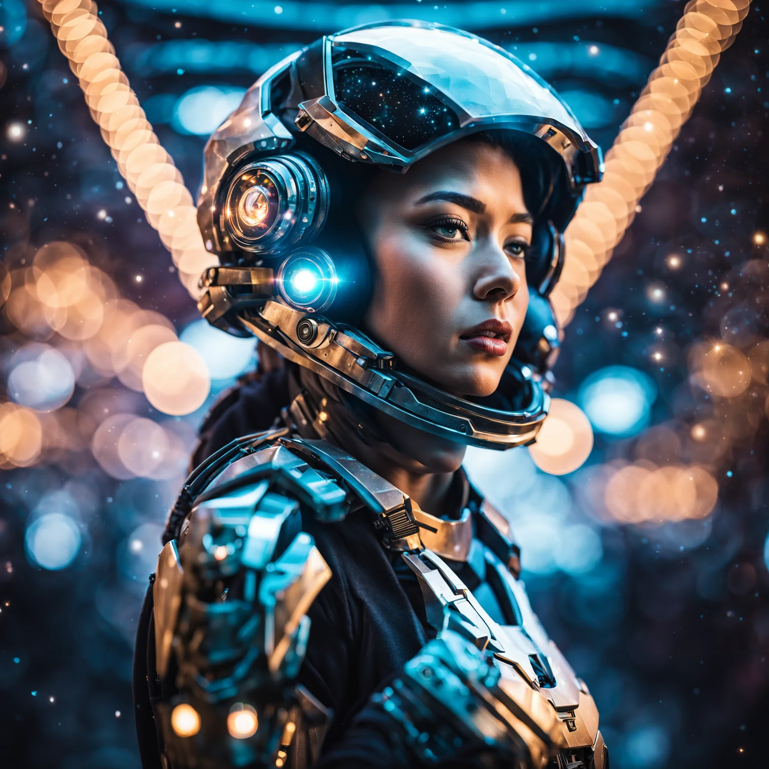 an award winning photograph of a beautiful woman, halo, intricate cyberpunk robot, highly detailed, soft bokeh Deep space nebula background, art by mooncryptowow and popular science