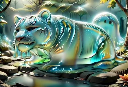 animal_guardian, tiger, a white tiger with black stripes, Tiger made out of slime, slime tiger in a jungle, jungle made out of slime,
natural light, no bright spots,
((translucent slime)), ((transparent slime)), made of water, (bioluminescent slime), sl1m3, slime, slime-morph, ais-blmn, saturated colors, no creatures, no humans, no monsters, no pokemon, watce, je11y, gummymorph