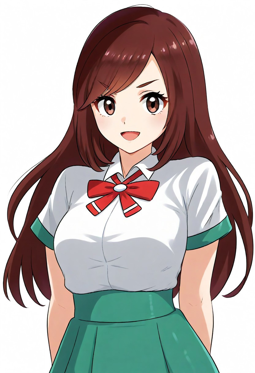 2d, masterpiece, best quality, amazing quality, 1girl, solo, close-up, standing, smile, standing, cowboy shot, looking at viewer, simple background, white background, ,lasslgpe, lass \(pokemon lgpe\), brown eyes, brown hair, long hair, bangs, white shirt, collared shirt, short sleeves, red bowtie, green skirt, pleated skirt, miniskirt, upper body, score_9, score_8_up, score_7_up,source_anime, arms behind back