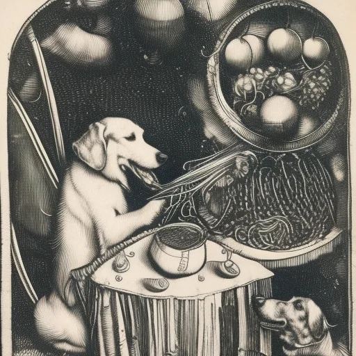 a dog eating spaghetti, spaceship cockpit, durer-style