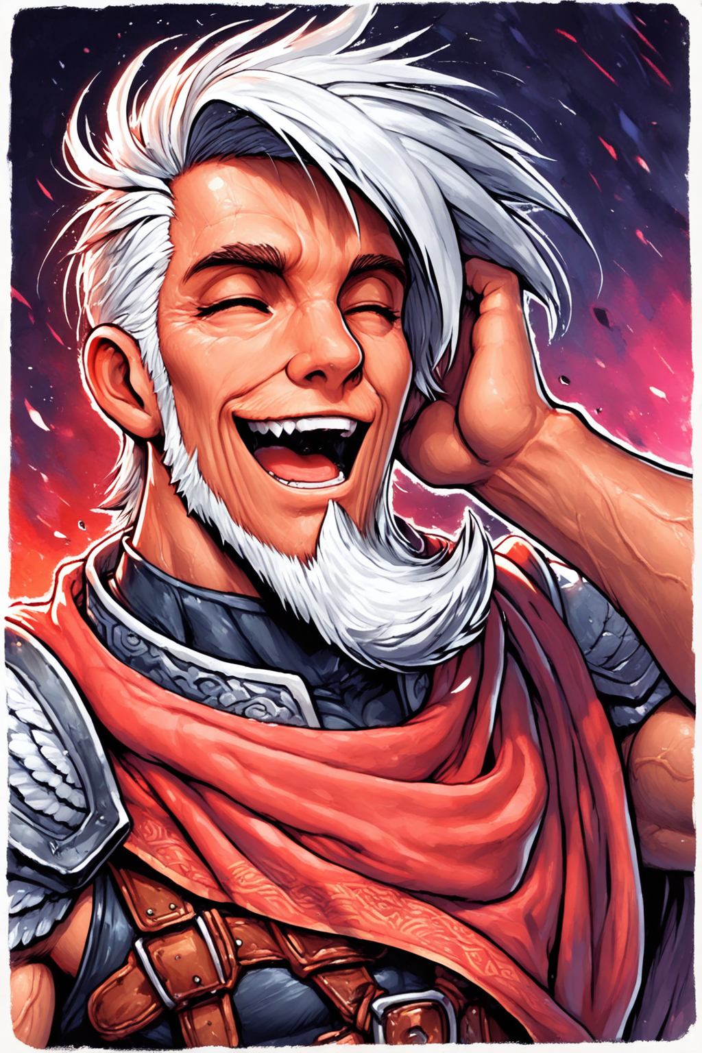 masterpiece, best quality, amazing quality, hatching (texture), FMIXF, vibrant details, vibrant colors, GENHERAC, 1boy, male focus, old, old man, solo, white hair, sideswept hair, ((sideswept beard)), brown eyes, muscular, veiny arms, yellow trimmed red cape, feathered pauldrons, sleeveless black shirt, ((black shorts)), brown body harness, brown belt, brown belt buckle, close up, portrait, eyes closed, tear, laughing, hand on head, open mouth