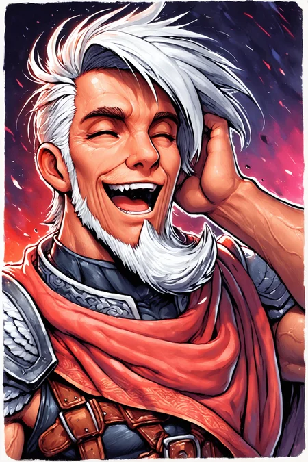 masterpiece, best quality, amazing quality, hatching (texture), FMIXF, vibrant details, vibrant colors, GENHERAC, 1boy, male focus, old, old man, solo, white hair, sideswept hair, ((sideswept beard)), brown eyes, muscular, veiny arms, yellow trimmed red cape, feathered pauldrons, sleeveless black shirt, ((black shorts)), brown body harness, brown belt, brown belt buckle, close up, portrait, eyes closed, tear, laughing, hand on head, open mouth