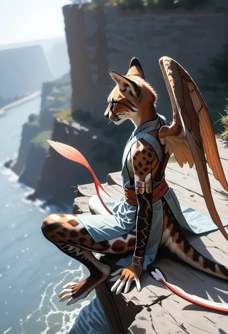 1person, Palagiri, anthro, feline features, feline nose, ((2 wings)), ((armless, no arms)):1.2, no hands, wings only, perfect wings,
Sitting, sitting on cliff edge,
3/4 view, dutch angle, perfect wings, prehensile wings, ((prehensile toes, long toes)), ((feathers-tipped tail, fanned tail-tip, tapering-tip tail)),
digitigrade legs, pelvic curtain tunic,
((Feet focus, detailed toes)),
Source: anime, score: 9, score: 8up,